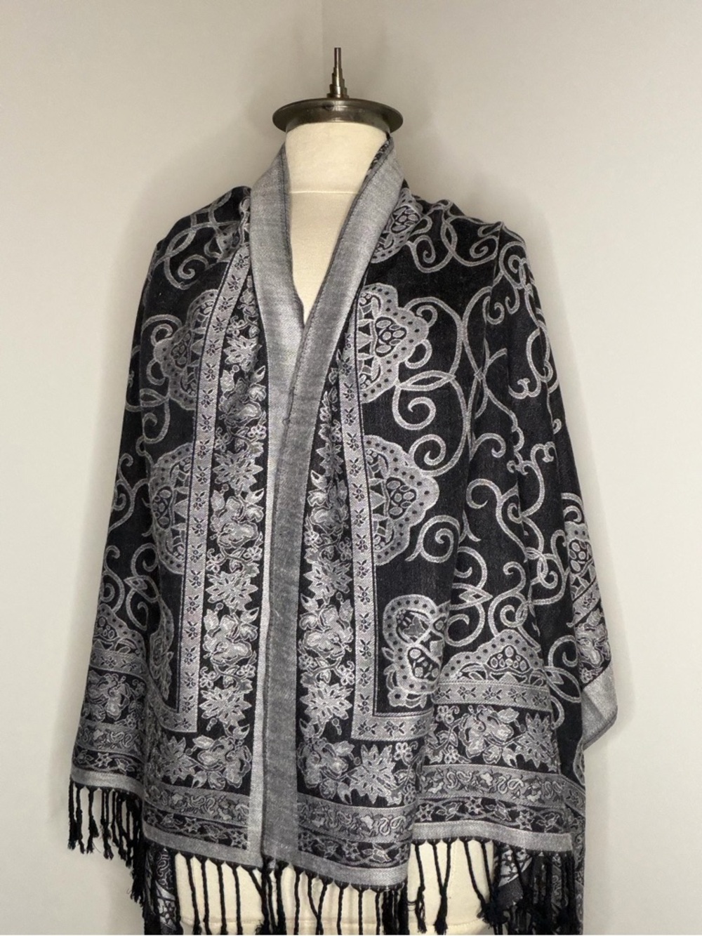 pashmina Black and Silver Paisley Floral Wrap Scarf